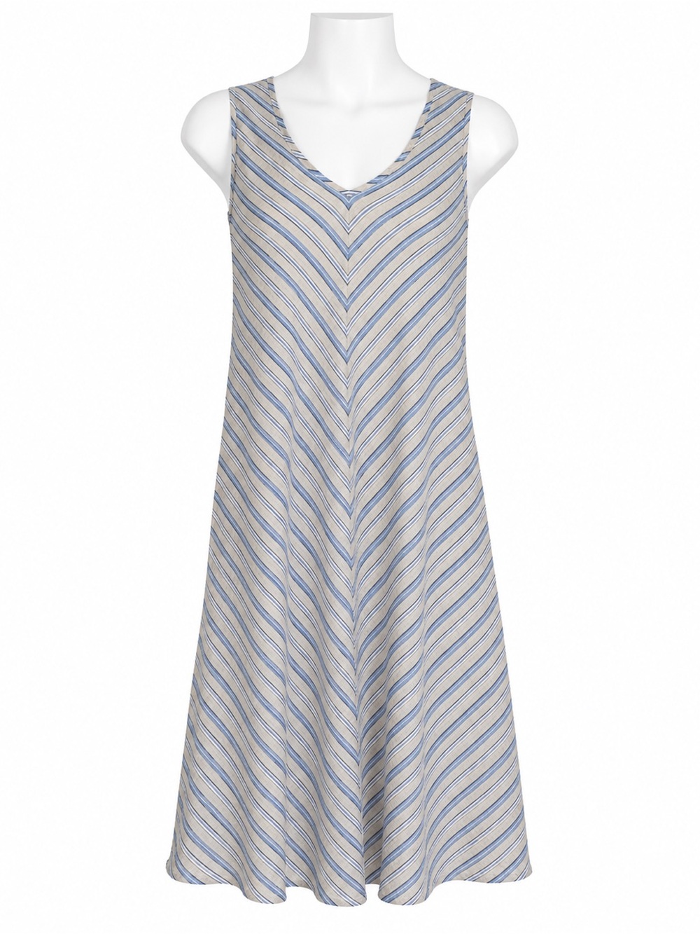 Size XL Lands’ End 100% Linen Chevron Stripe Midi Dress Blue Beige Coastal